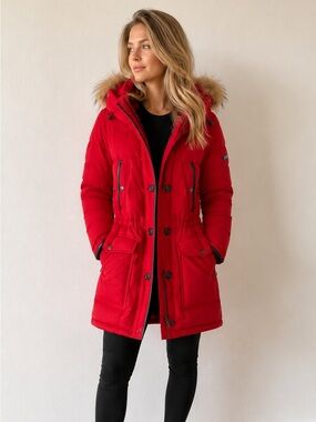 Burberry Red Wool & Cashmere Blend Down Parka with Fur Trim Hood .